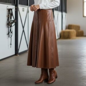 New CINQ A SEPT Veena Faux Vegan Leather Skirt 4 Button Midi Brown Quiet Luxury